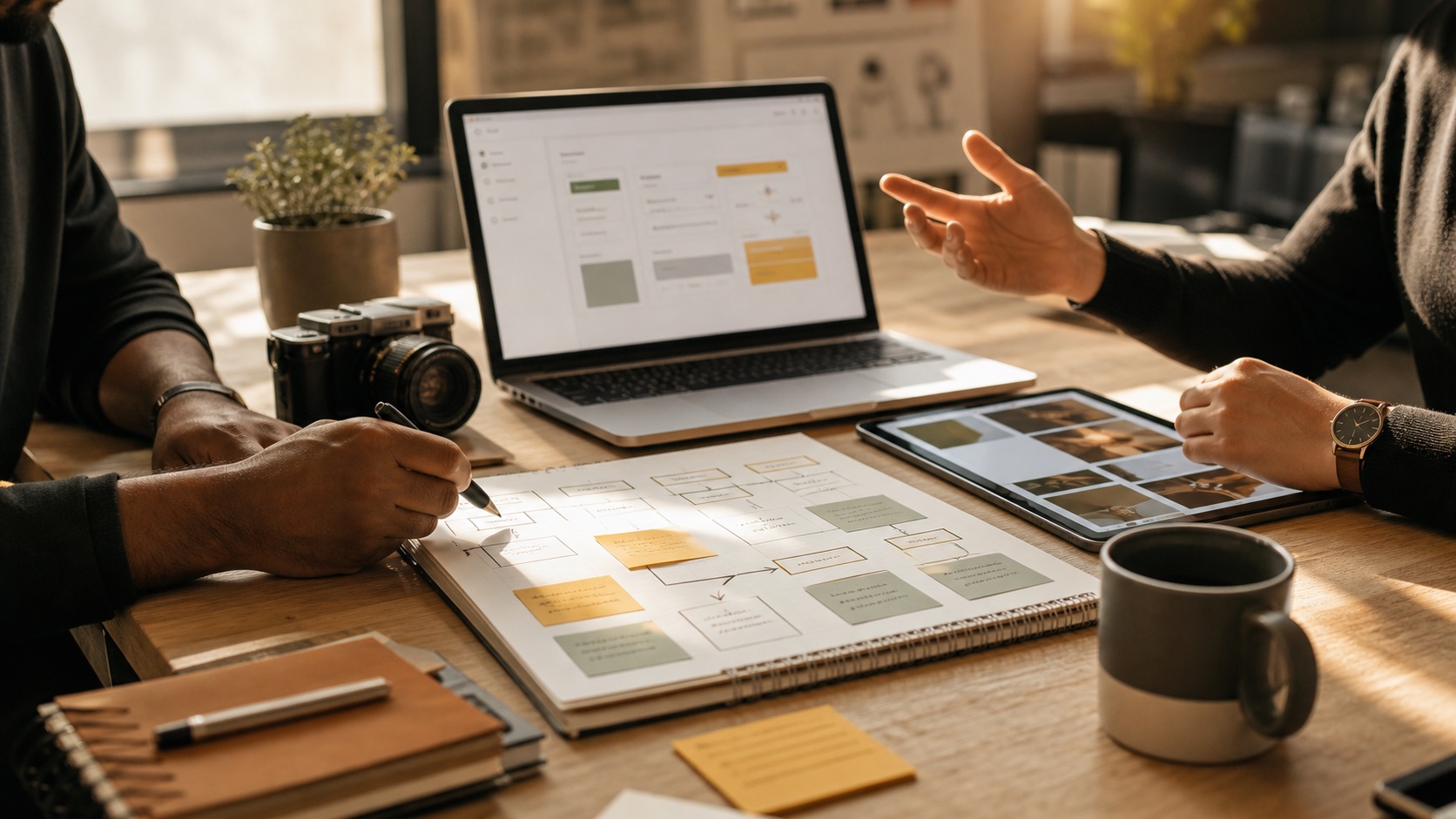 Strategy session with a laptop, notes, and a planning workspace